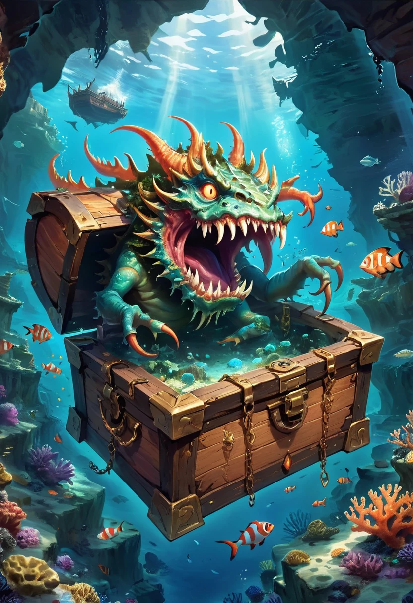 Treasure Box Monster Mimic from D&D, The screen mainly depicts a monster hidden in a treasure chest of ancient sunken city ruins on the seabed. It is an ancient treasure chest monster covered with coral and seaweed, with huge teeth protruding from the chest and surrounded by underwater ruins, mainly composed of coral and seaweed, giving people a mysterious and dangerous feeling, cinematic still, emotional, vignette, dynamic, vivid, (masterpiece, best quality, Professional, perfect composition, very aesthetic, absurdres, ultra-detailed, intricate details:1.3)