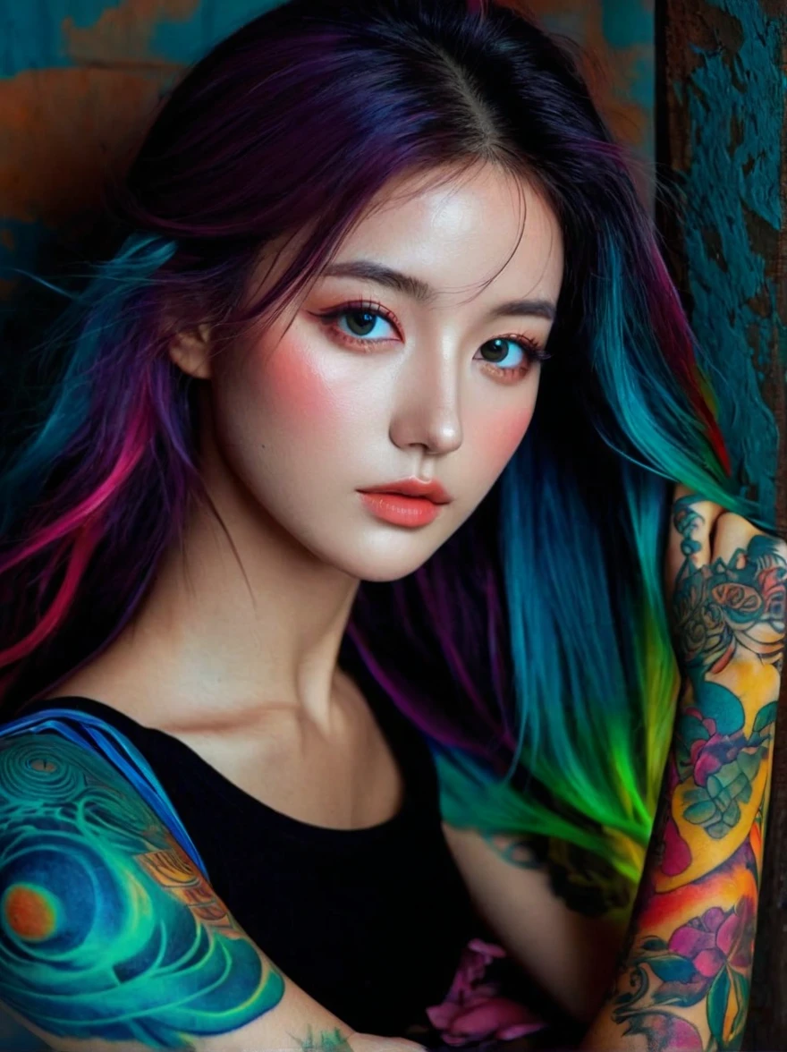 (otherworldly beauty), expressionist sexy girl in her 20s, perky breasts, (upper thighs shot:1.3), sexy pose, colorful tattoo, raw, emotional, dynamic, distortion for emotional effect, vibrant, use of unusual colors, detailed,