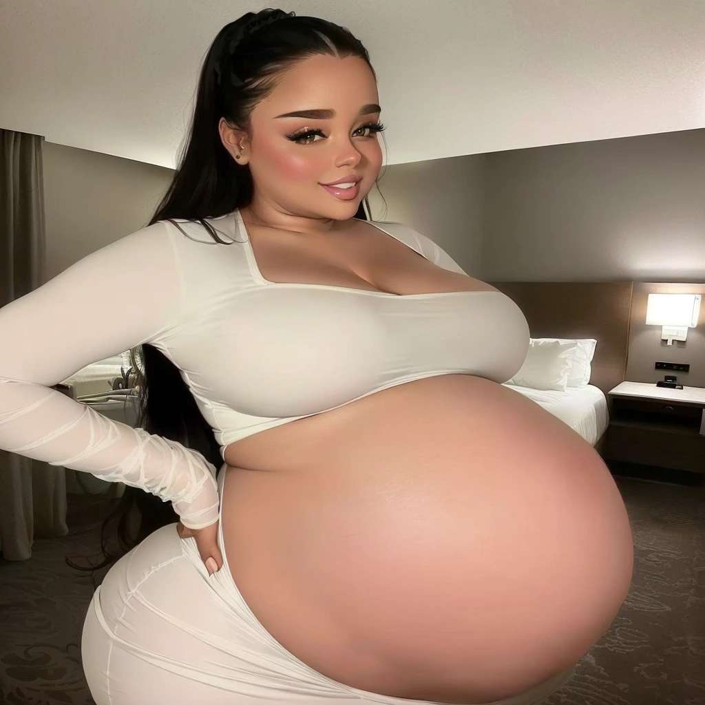 pregnant woman in white dress posing for camera in hotel room, pregnant belly, her belly is fat and round, violet myers, she has a jiggly fat round belly, pregnant, bouncy belly, angelawhite, karla ortiz, 30-year-old woman from cuba, gorgeous female jade tailor, big belly, belly exposed, thicc, beautiful thick female