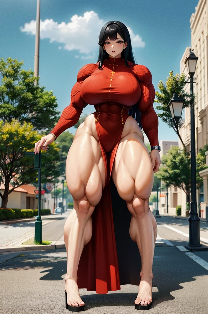 raffe woman in a red dress posing on a street, heavy looking, thicc, giantess art, highly detailed giantess shot, thick body, massive legs towering over you, muscular ultraviolent woman, powerful and huge, hyperrealistic full figure, exaggeratedly large physique, large muscles, extremely detailed giantess 