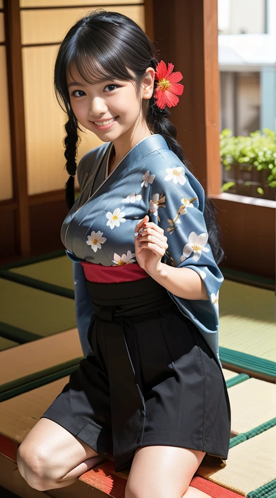 (8K、Raw photography、Highest quality、masterpiece:1.2),(Black Hair、Dark Eyes:1.9),(Flower pattern kimono:1.6)、View your audience,Front view,White skin,(Three braids:1.3)、(Tight waist:1.6)、(Clothes that accentuate the shape of the breasts:1.0)、(Big Breasts :1.3)、Slim figure、Ultra-high resolution,beautiful,beautiful fece,(One person、No background:1.9),whole bodyボディー,Japanese women,(reality的:1.37)、Photon Mapping,reality、(Baby-faced and cute: 1.4)、(Cute Smile: 1.8)、(Round face: 1.8)、Radio City、Physically Based Rendering、Depth of field rally background、photograph, (I can see your knees、Thigh close-up:1.8),(:1.6),whole body、Great quality