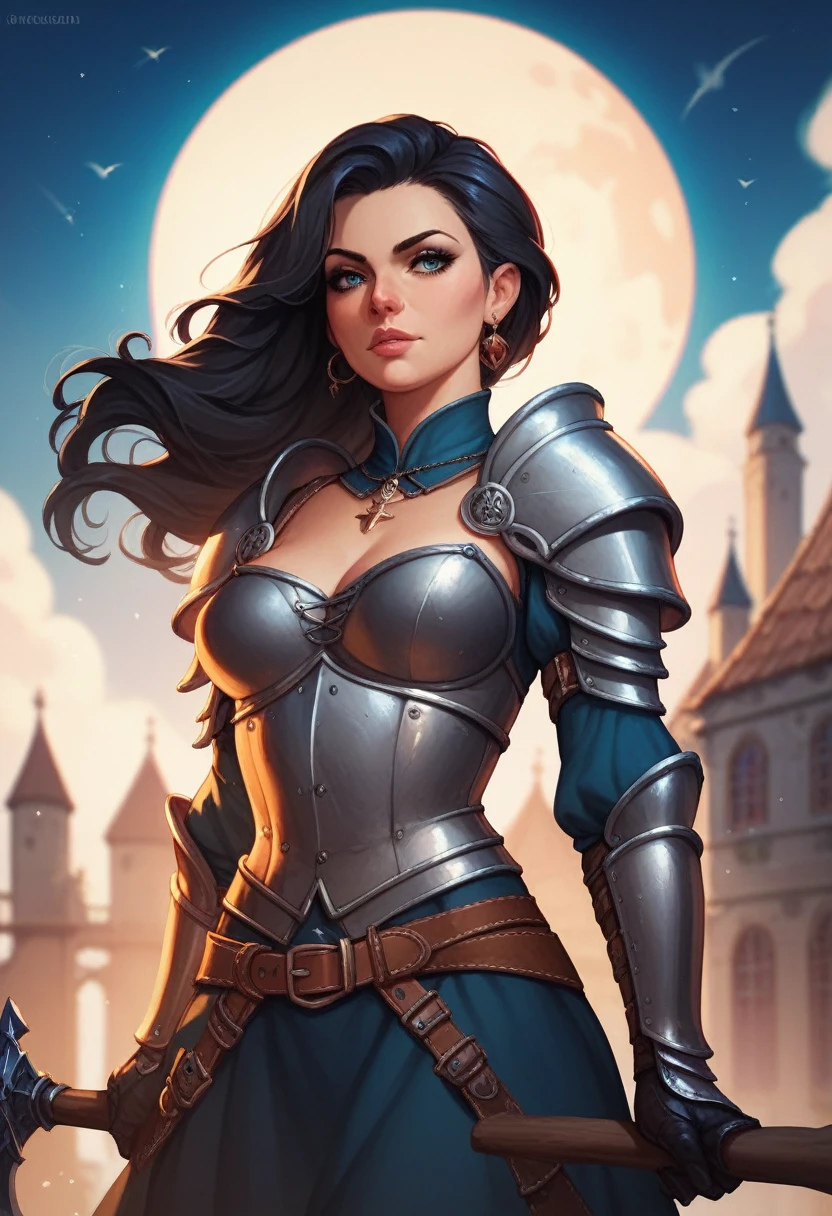 Female thief from medieval fantasy universe, Italian features, 25 years old with long black hair, in black armor. on the roofs of a fantasy medieval city, night full moon in the sky