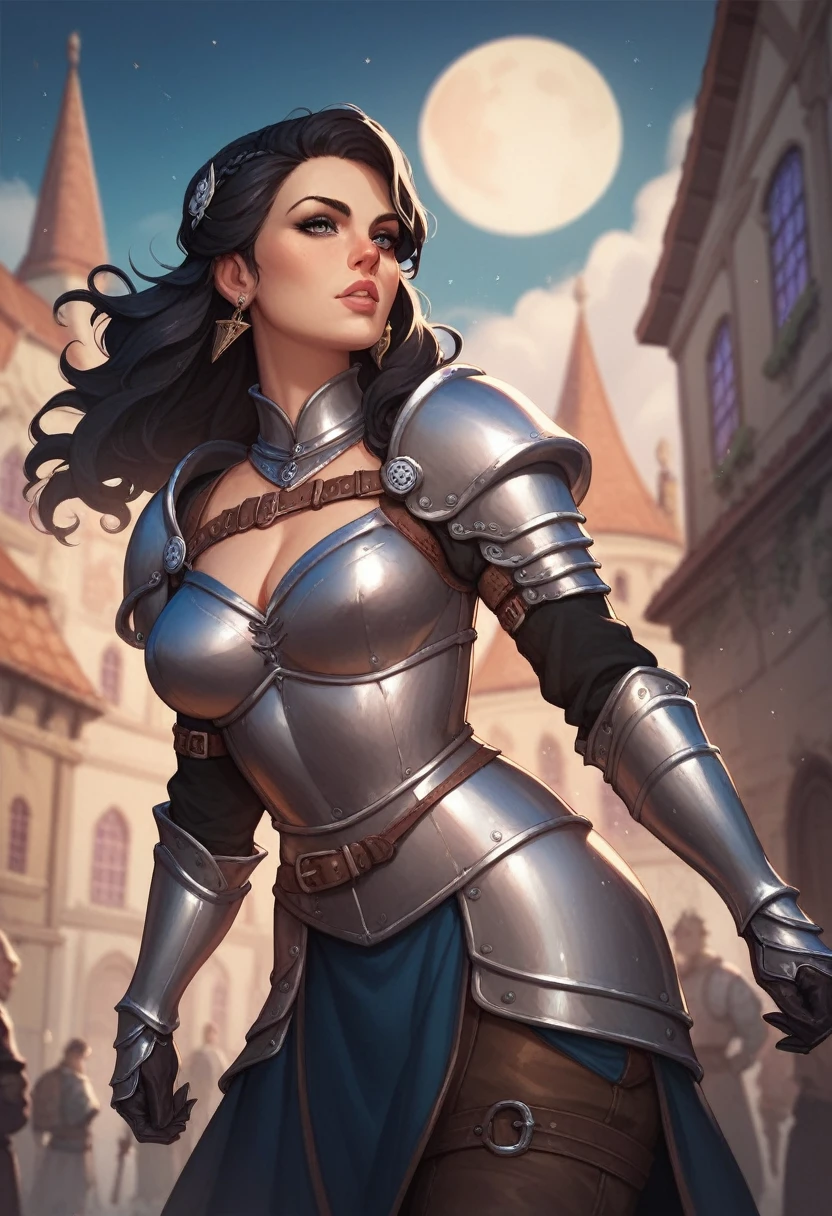 Female thief from medieval fantasy universe, Italian features, 25 years old with long black hair, in black armor. on the roofs of a fantasy medieval city, night full moon in the sky