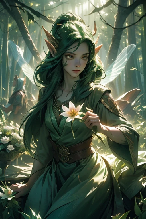 (((Wood elves floating above the forest, Tearing flowers in the forest ))) green hair, body, Radial glow, white fern flowers, Optical, Panoramic lighting, atmospheric perspective, dawn, Smoothing: 5D, Light painting, Color, beautiful countenance, clear facial features, symmetrical transparent wings, impressive detail