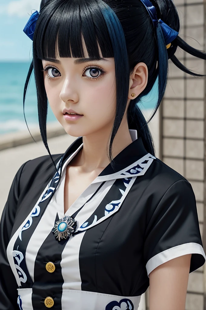 Screenshot of Kimetsu No Yaiba anime Girl with short black hair with blue tips, long locks, with a brooch on the upper right side, has black eyes