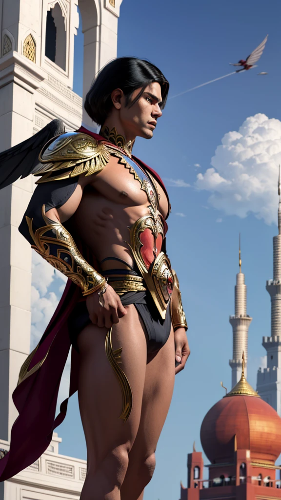 Photorealistic images of Indonesia's Acehnese superheroes, their sleek, Renaissance-inspired costumes, decorated with intricate traditional Acehnese patterns, look majestic against the backdrop of Aceh's Grand Mosque. The superhero surveys the bustling city of Aceh, his powerful wings shadowing the iconic buildings