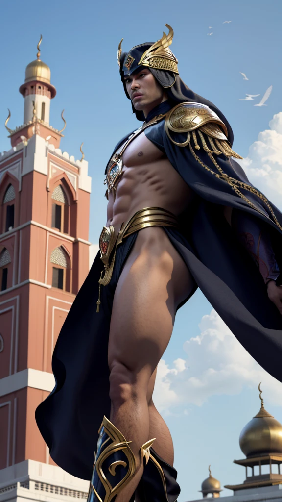 Photorealistic images of Indonesia's Acehnese superheroes, their sleek, Renaissance-inspired costumes, decorated with intricate traditional Acehnese patterns, look majestic against the backdrop of Aceh's Grand Mosque.  The superhero surveys the bustling city of Aceh, his powerful wings shadowing the iconic buildings