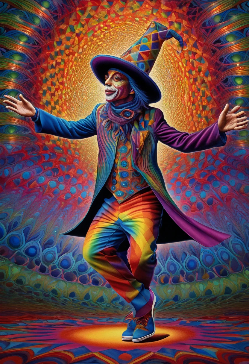 a jester wearing his hat and dancing, colorful, surreal, psychedelic, center, detailed, geometric patterns, visionary art, shamanic, alex grey, dark colors, colorful, 