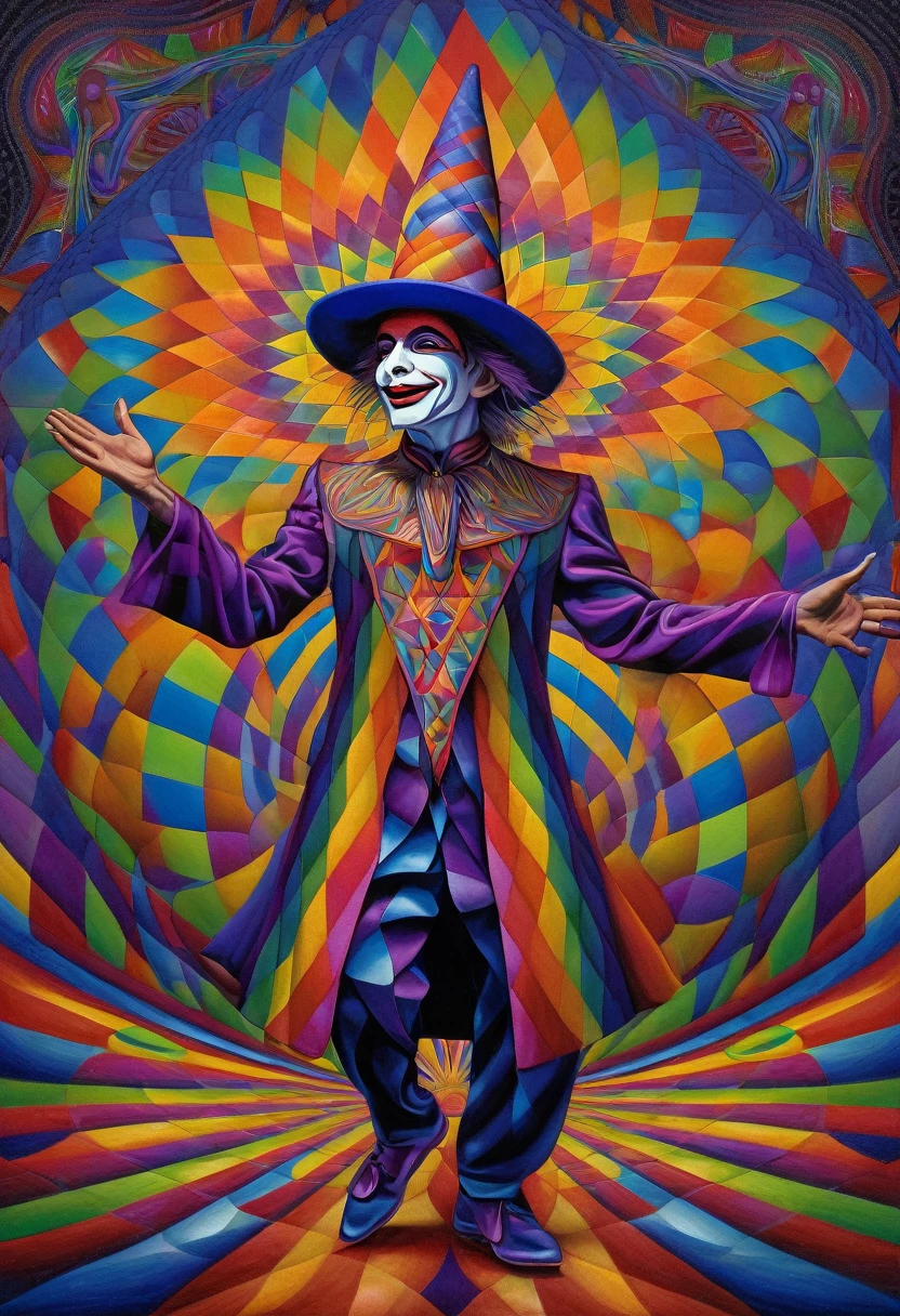 a jester wearing his hat and dancing, colorful, surreal, psychedelic, center, detailed, geometric patterns, visionary art, shamanic, alex grey, dark colors, colorful,