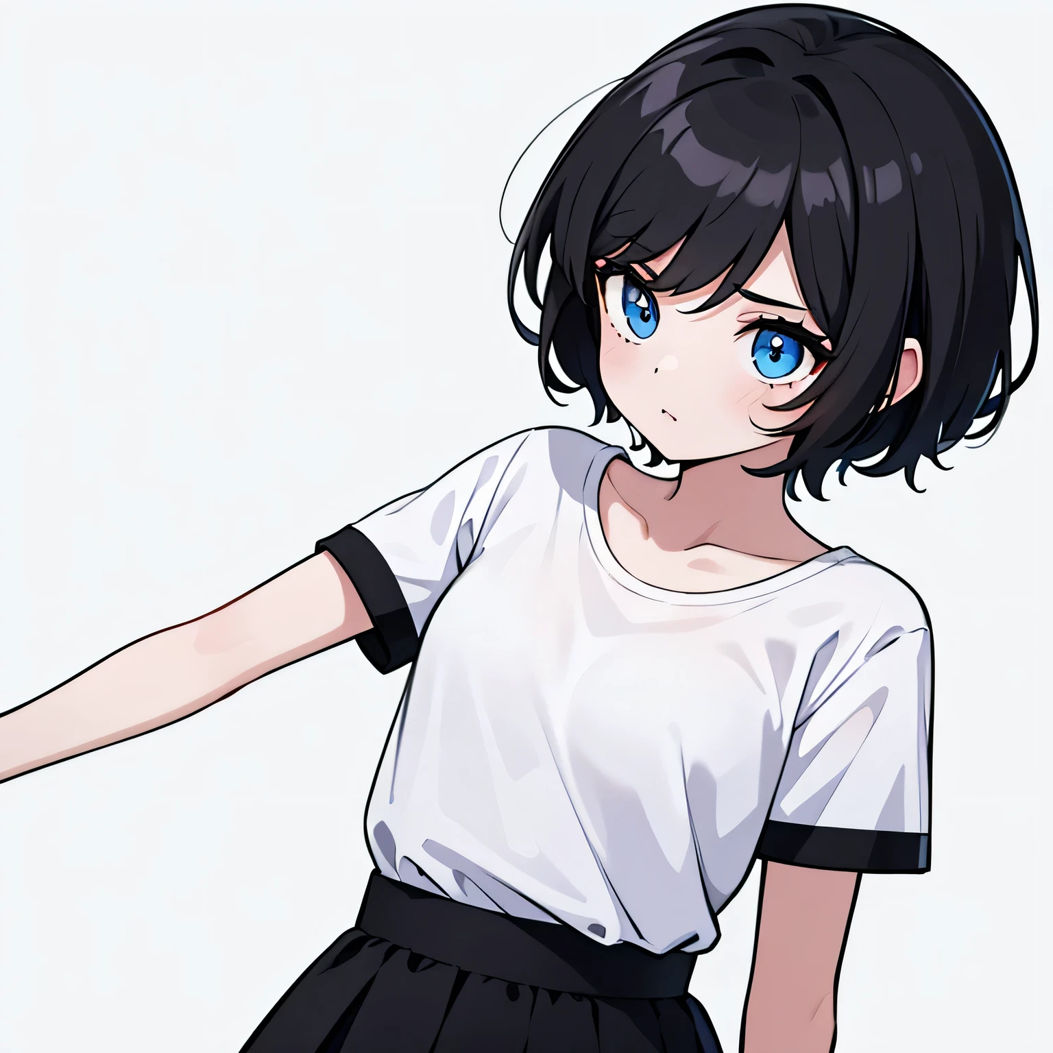 1girl, solo, blue eyes, (detailed eyes), flat chest, short hair, black hair, ((white t-shirt)), simple t-shirt, black skirt, black socks, standing, upper body, (white background), Transparent background, looking down, ((masterpiece, illustration, best quality))