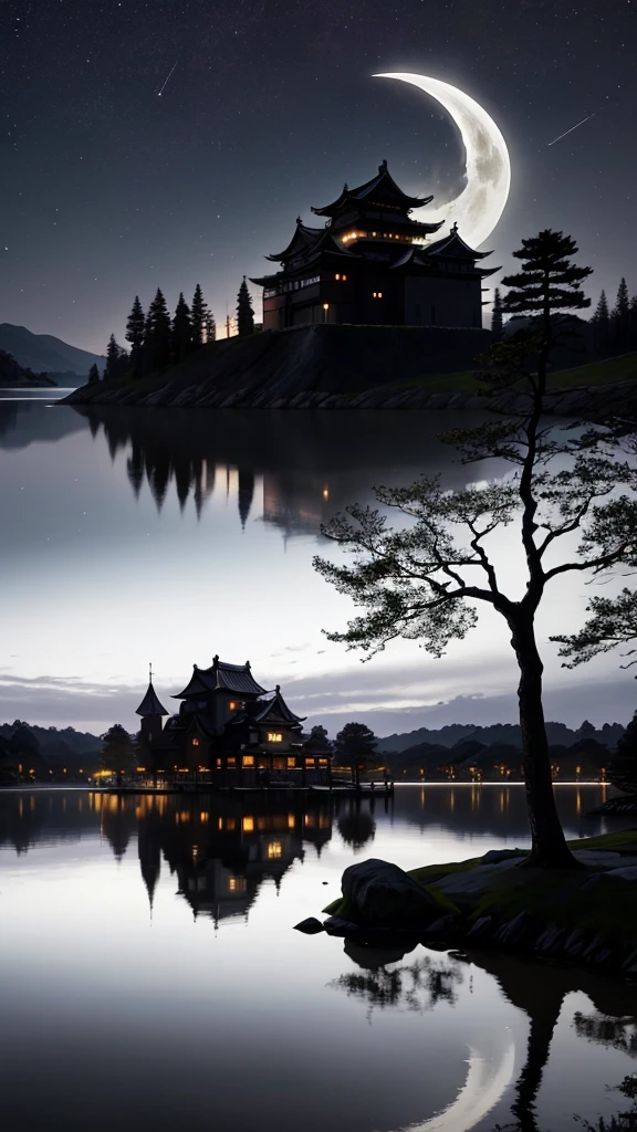 A traditional Japanese castle with multi-tiered roofs and white walls is illuminated against a dark night sky. The castle is beautifully reflected in a still body of water in front of it, creating a perfect mirror image. The crescent moon hangs in the sky to the left of the castle and is also reflected in the water. The castle is surrounded by a stone foundation, and the surrounding trees are partially visible in the background. The overall scene has a serene and mystical atmosphere, enhanced by the contrast between the illuminated castle and the dark surroundings.
