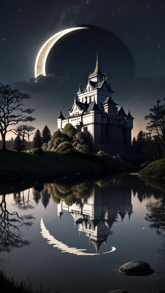 A traditional Japanese castle with multi-tiered roofs and white walls is illuminated against a dark night sky. The castle is beautifully reflected in a still body of water in front of it, creating a perfect mirror image. The crescent moon hangs in the sky to the left of the castle and is also reflected in the water. The castle is surrounded by a stone foundation, and the surrounding trees are partially visible in the background. The overall scene has a serene and mystical atmosphere, enhanced by the contrast between the illuminated castle and the dark surroundings.
