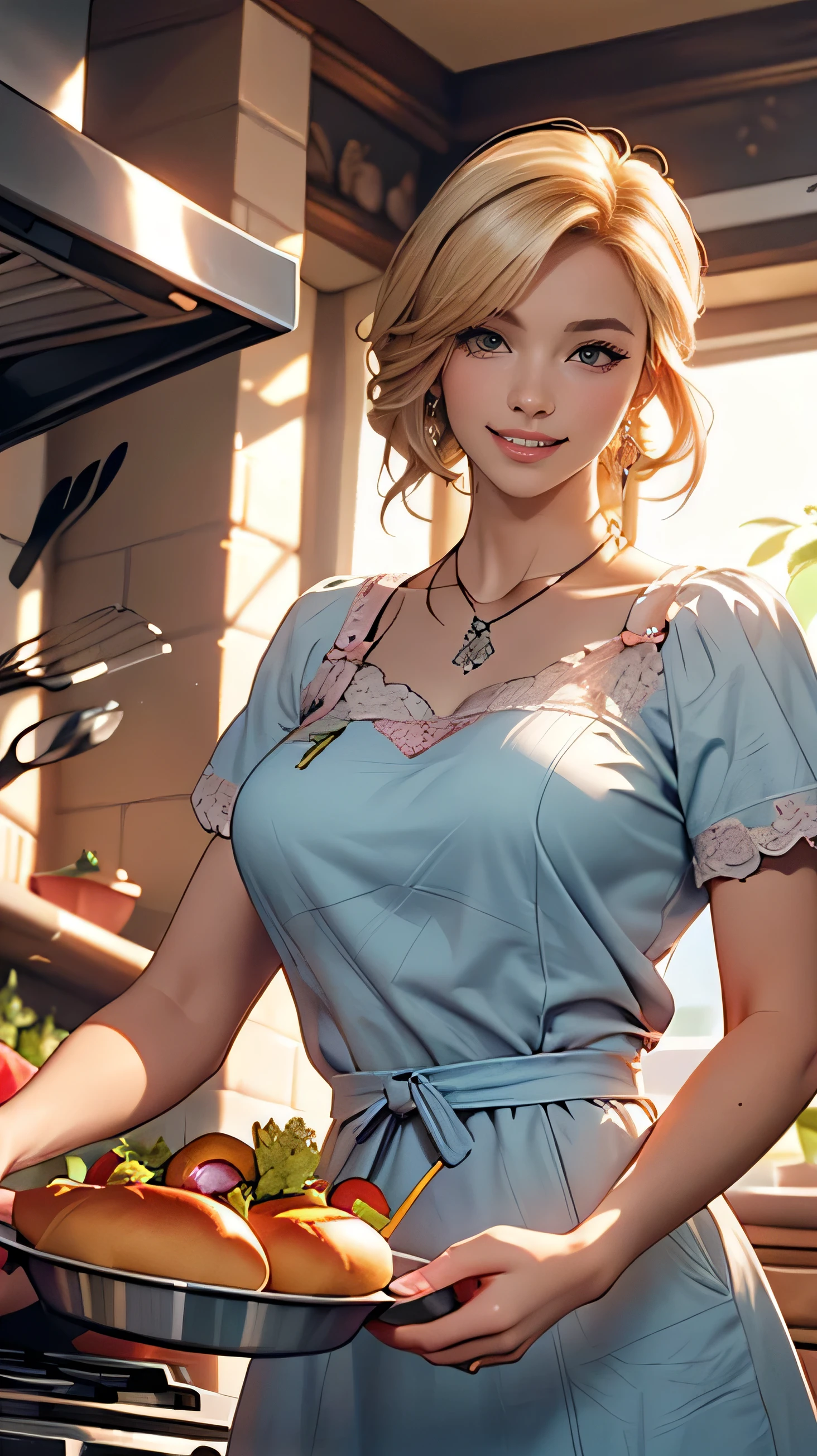 Delicate and beautiful CG art),(highest quality, Very detailed, High resolution),(Dynamic Angle, Dynamic Lighting),(One character),(Long pink and blonde hair), purple eyes, Beautiful Face), 1 girl, (Long sideburns, plant, smile, long blue dress, kitchen, cooking, food