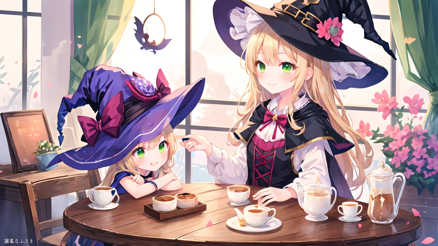 masterpiece, Highest quality, Super detailed, figure, azalea, cute, girl, alone, smile, azalea, Witch Hat,mysterious,Milk tea beige hair,Green Eyes,Witch's Clothes,Lolita Fashion,Simple Background