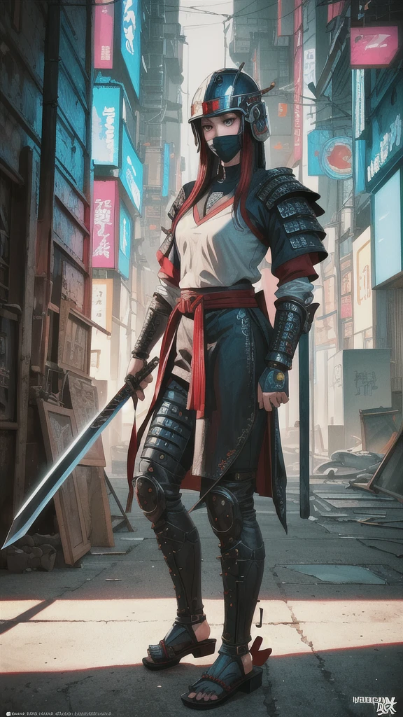 Hyperrealistic version of a woman kneeling down with a sword in her hand, very beautiful cyberpunk samurai, anime cyberpunk art, cyberpunk samurai, cyberpunk anime art, anime cyberpunk, cgsociety 9, digital cyberpunk anime art, style of maciej kuciara.1girl, samurai armor, helmet oni evil mask,intricate, ornaments detailed, cold colors, metal, egypician detail, highly intricate details, realistic light, trending on cgsociety, glowing eyes, facing camera, neon details, ultra realistic details, portrait full body, japanese atmosphere, global illumination, shadows, octane render, 8k, ultra sharp.cool lolita. 