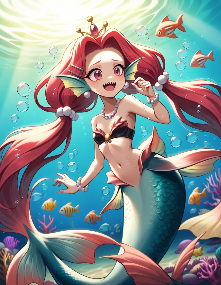 (best quality,4k,8k,highres,masterpiece:1.2),ultra-detailed, Pretty  princess magically transformed into a beautiful mermaid, race swap, fantastic transformation, none human, steampunk, fish like, wet body, surrounded by small bubbles, long mermaid tail below waistline, fins ears, shimmering red fish scales, drawn in anime style, very long pigtails red hair, sharp teeth, is smiling, pink eyes, small breast, long pelvic and dorsal fins, pair of fish gills on the torso, seashells bra, starfish hair clips, pearl earrings and bracelets, pearl necklace, hair ribbons, gold tiara, ocean depths, swimming underwater, joyful expression, playful mermaid poses, sparkling water, water reflections, ethereal atmosphere, subtle glow, whimsical and enchanting, checking her new body, underwater world, colorful coral reef, magical underwater lighting, vivid colors, breathing underwater, endless ocean depths, sunlight filtering through the water, Highly detailed, masterpiece, high quality, 4K.