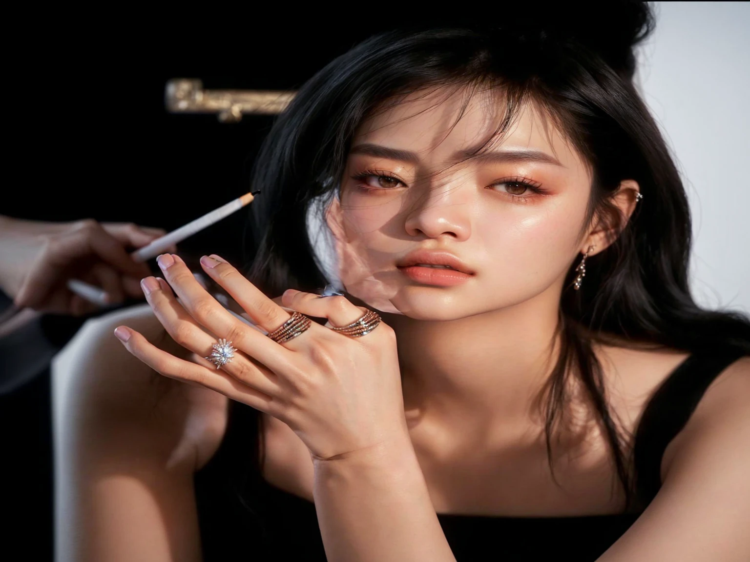 araffe woman with a ring on her finger and a cigarette in her hand, blackpink jennie, jossi of blackpink, kiko mizuhara, portrait of jossi of blackpink, steven jung, roseanne park of blackpink, song hye - kyo, park ji-min, gemma chen, heonhwa choe, gongbi, photo of a hand jewellery model
