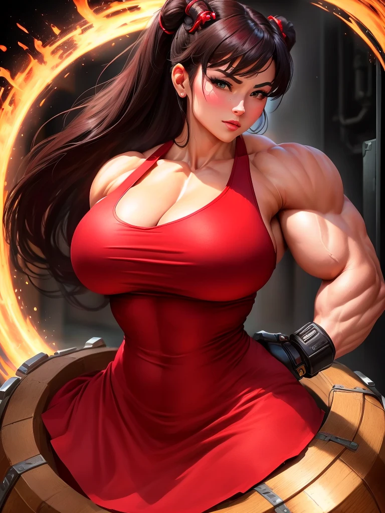 a close-up of a woman in a red dress holding a barrel, Chun Li na academia, muscular girl, muscular!! Sci-fi, big arms, huge muscles, big biceps, strong arms, huge muscles, strong and imposing, heavy appearance, bursting with muscles, big muscles, big muscles, muscular and scary, muscular! cyber punk, muscular!!, forte e musculoso