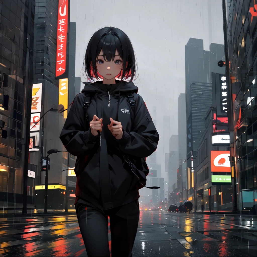 A girl and rain City blur background 