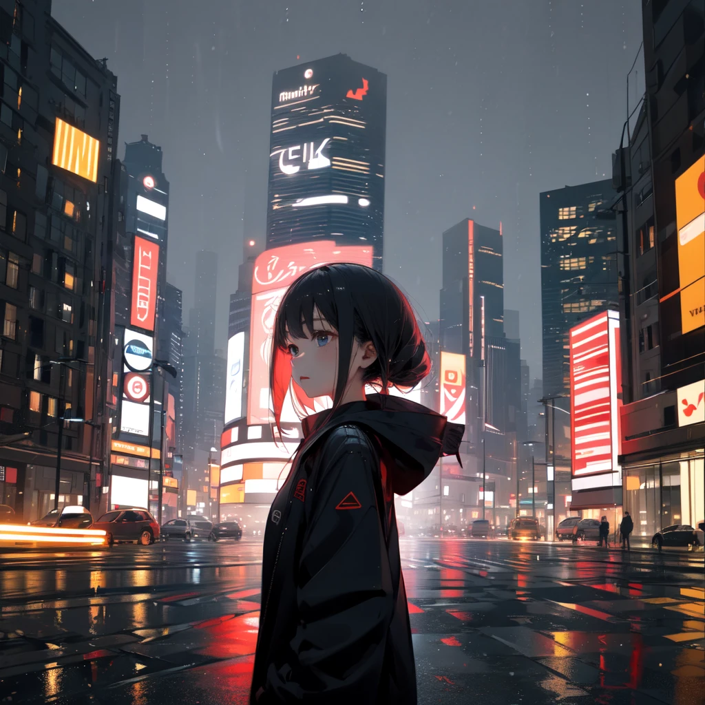 A girl and rain City blur background 