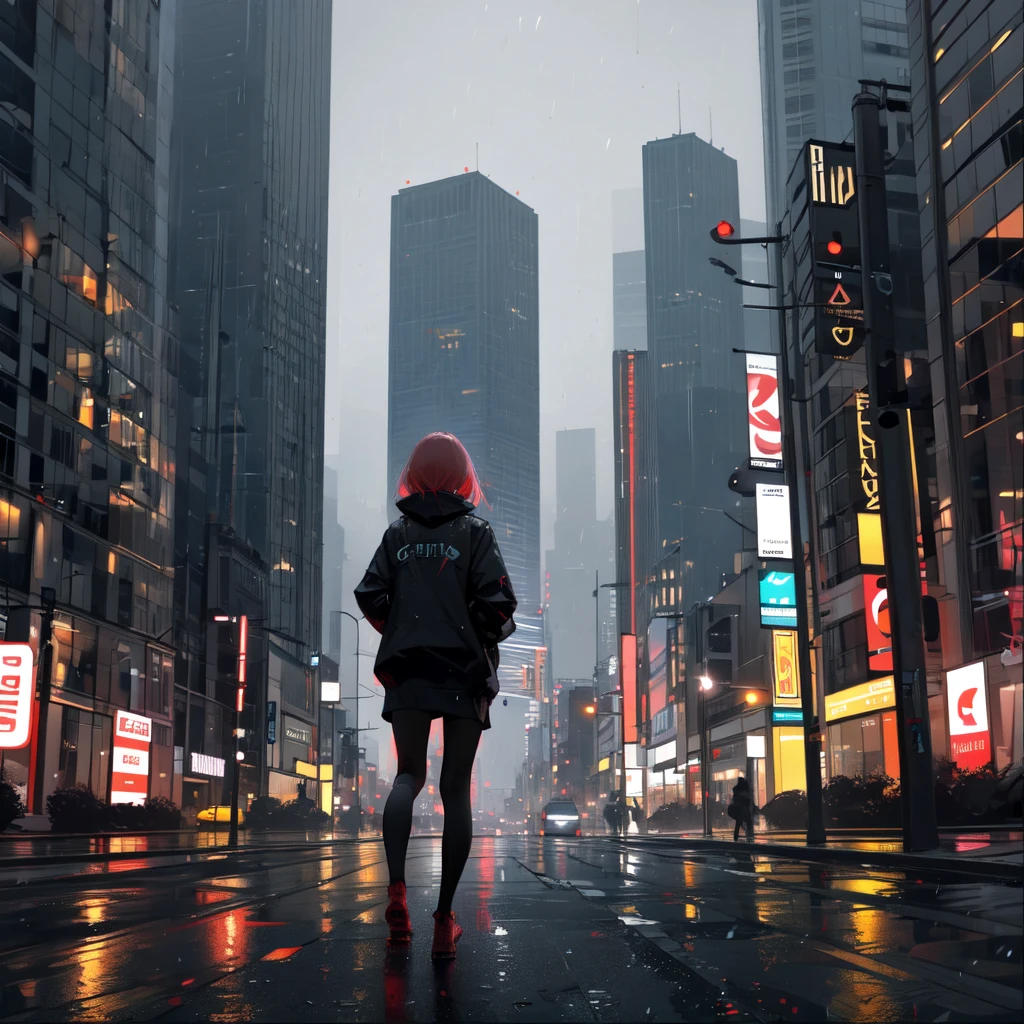 A girl and rain City blur background 