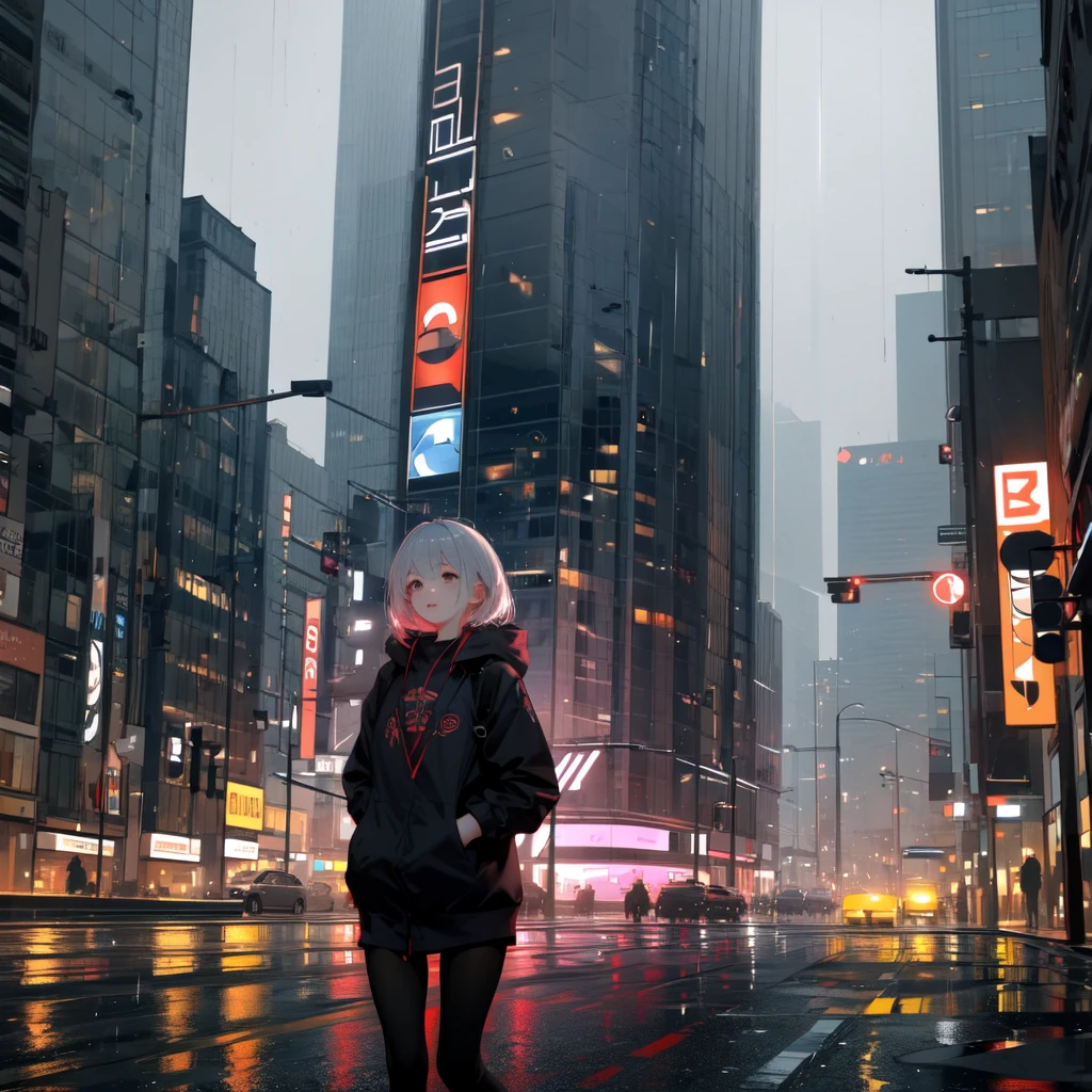 A girl and rain City blur background 