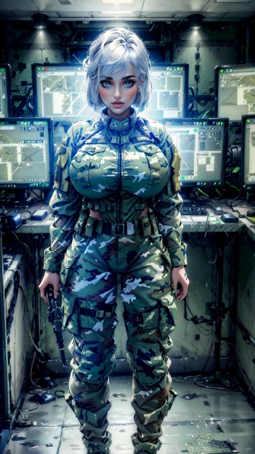 woman, white longbob haircut, Military camouflage Uniform, big breast, blue eyes,Green Camouflage trousers, black boots, standing in the Command Room