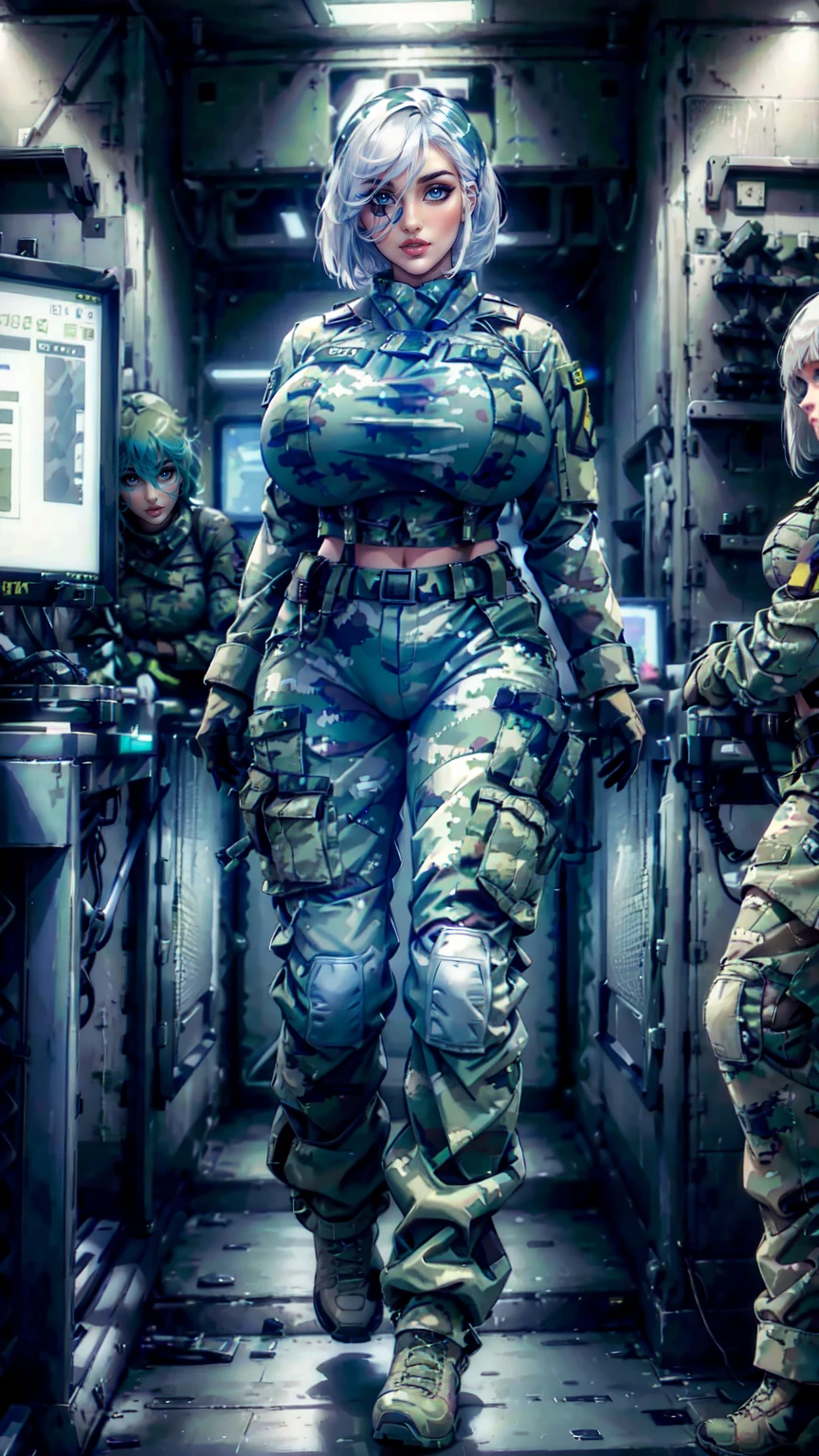 woman, white longbob haircut, Military camouflage Uniform, big breast, blue eyes,Green Camouflage trousers, black boots, standing in the Command Room