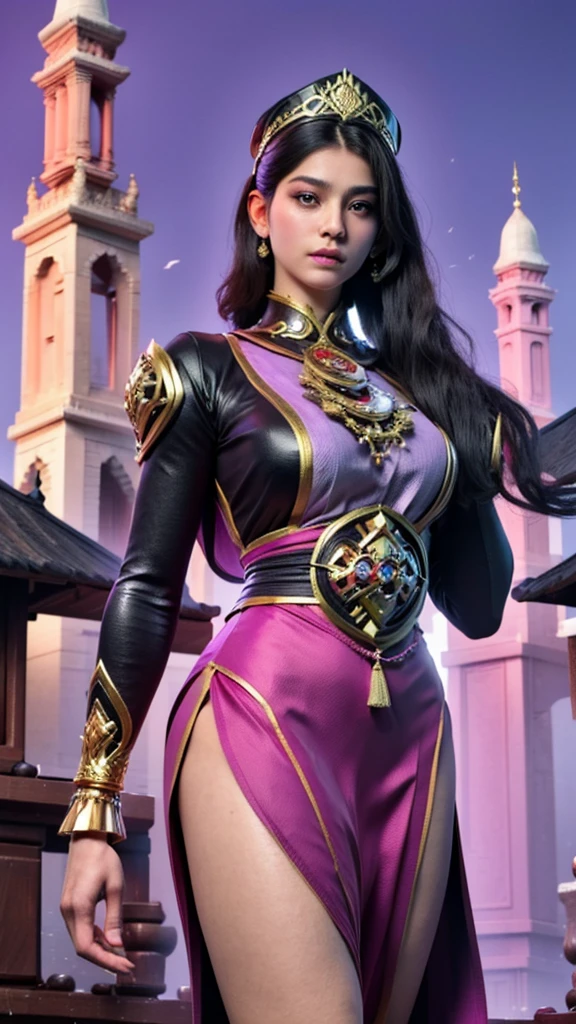 Photorealistic images of Indonesia's Acehnese superheroes, their sleek, Renaissance-inspired costumes, decorated with intricate traditional Acehnese patterns, look majestic against the backdrop of Aceh's Grand Mosque. The superhero surveys the bustling city of Aceh, his powerful wings shadowing the iconic buildings