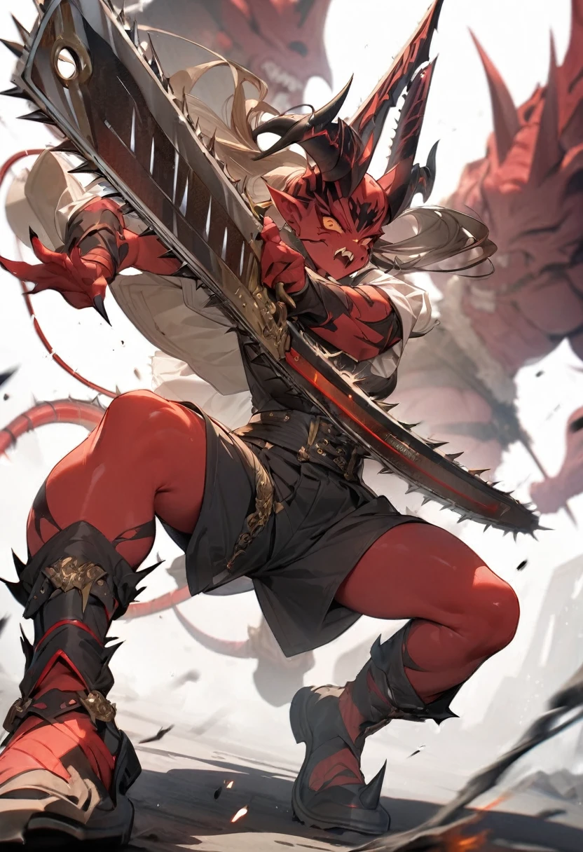 ({masterpiece}},{best quality,},white background,full body,fantastic,1 Demon,Fighting Stance,Red skin,Horns,Chainsaw sword,Brass decoration,({masterpiece}},{best quality}