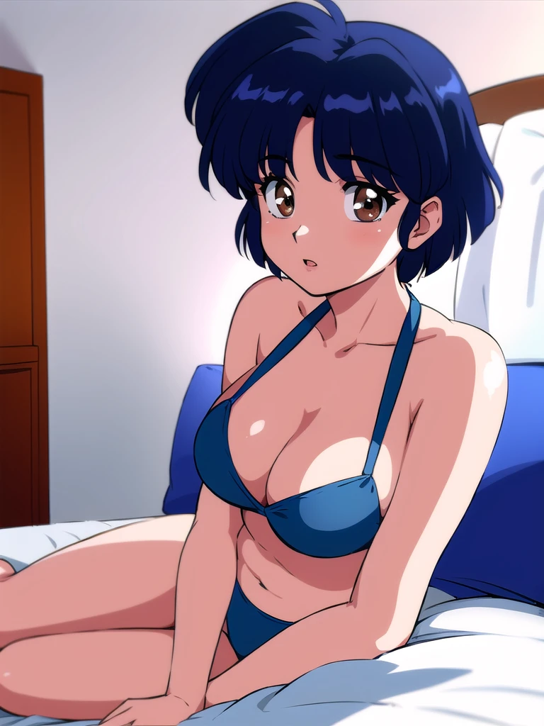 HDR, CG, sharp focus, (8k), (4k), masterpiece, best quality, detailed skin, extremely detailed, hiper detailed, sharp focus, looking at viewer, high quality, AKANE, Akane tendou, short hair, blue hair, brown eyes , tetas grandes, solo, 1girl, BEDROOM background, hands on chest, sandals, lying on bed, bikini, pervert look,