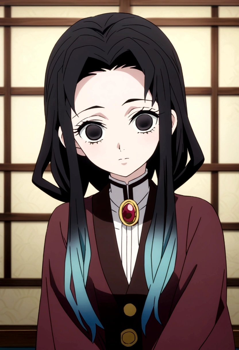 Screenshot of Kimetsu No Yaiba anime Girl with short black hair with blue tips, long locks, with a brooch on the upper right side, has black eyes