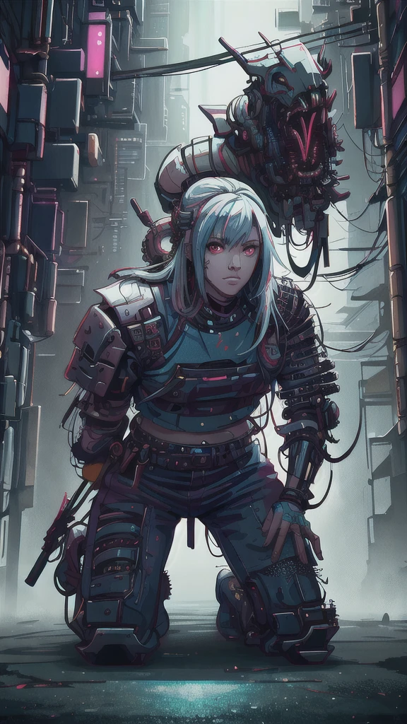 Hyperrealistic version of a woman kneeling down with a sword in her hand, very beautiful cyberpunk samurai, anime cyberpunk art, cyberpunk samurai, cyberpunk anime art, anime cyberpunk, cgsociety 9, digital cyberpunk anime art, style of maciej kuciara.1girl, samurai armor, helmet oni evil mask,intricate, ornaments detailed, cold colors, metal, egypician detail, highly intricate details, realistic light, trending on cgsociety, glowing eyes, facing camera, neon details, ultra realistic details, portrait full body, japanese atmosphere, global illumination, shadows, octane render, 8k, ultra sharp.cool lolita.