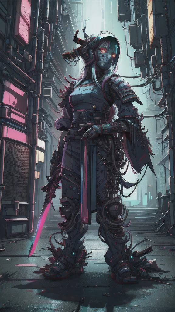 Hyperrealistic version of a woman kneeling down with a sword in her hand, very beautiful cyberpunk samurai, anime cyberpunk art, cyberpunk samurai, cyberpunk anime art, anime cyberpunk, cgsociety 9, digital cyberpunk anime art, style of maciej kuciara.1girl, samurai armor, helmet oni evil mask,intricate, ornaments detailed, cold colors, metal, egypician detail, highly intricate details, realistic light, trending on cgsociety, glowing eyes, facing camera, neon details, ultra realistic details, portrait full body, japanese atmosphere, global illumination, shadows, octane render, 8k, ultra sharp.cool ta.