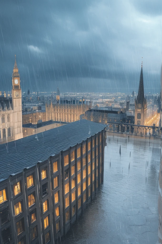 background, best quality, rain, night, sky, london, city, one girl.