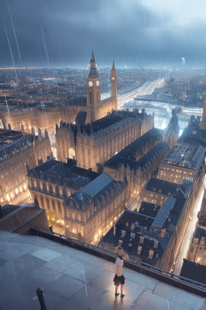 background, best quality, rain, night, sky, london, city, one girl.