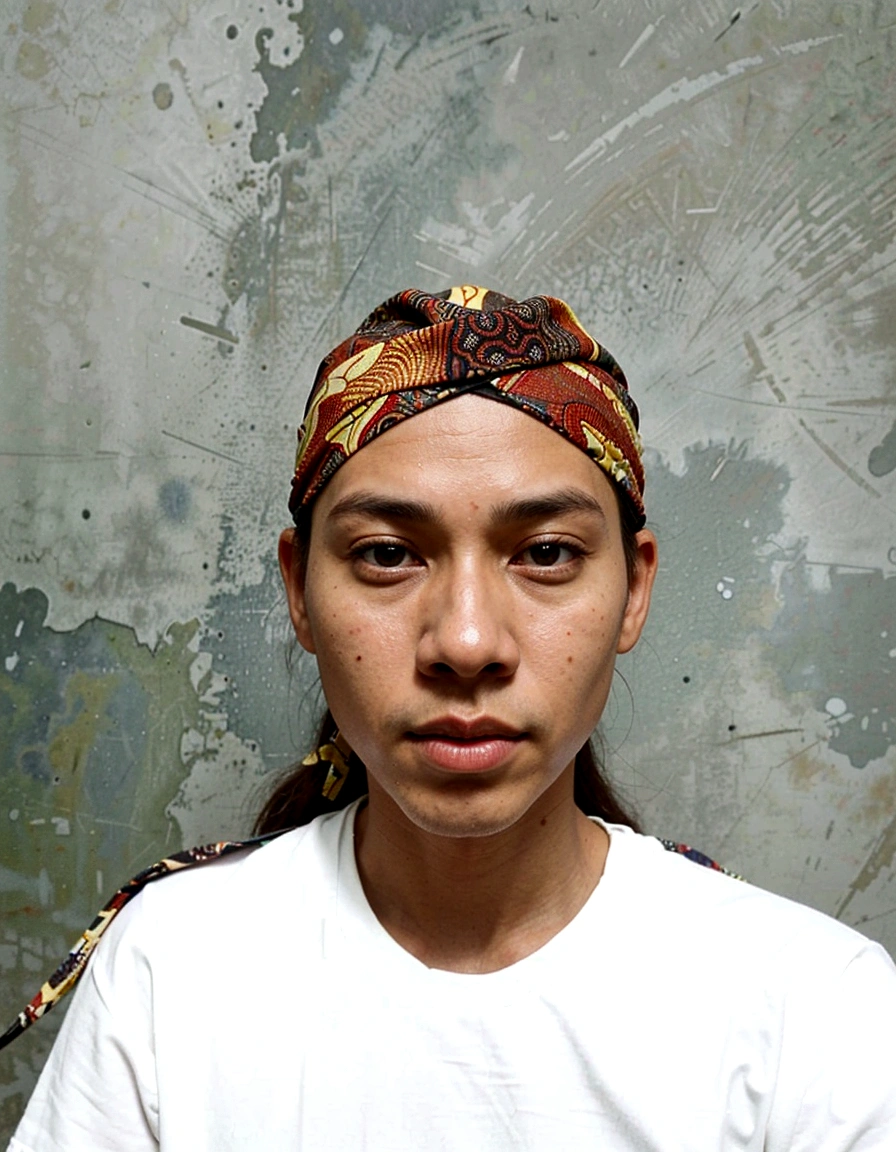 there is a man with a bandana on his head, inspired by I Ketut Soki, ramil sunga, with accurate face, south east asian with round face, student, by I Ketut Soki, batik, inspired by Sarper Baran, by Abidin Dino, front profile!!!!, protrait, potrait, frontal picture