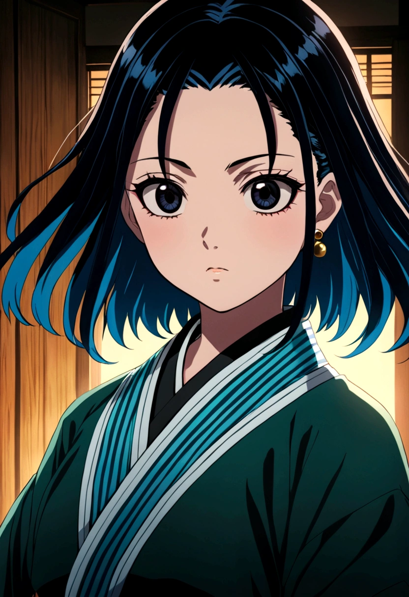 Screenshot of Kimetsu No Yaiba anime Girl with short black hair with blue tips, long locks, with a brooch on the upper right side, has black eyes