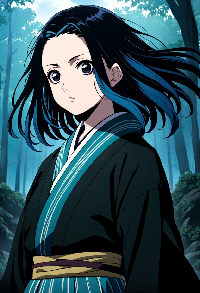 Screenshot of Kimetsu No Yaiba anime Girl with short black hair with blue tips, long locks, with a brooch on the upper right side, has black eyes