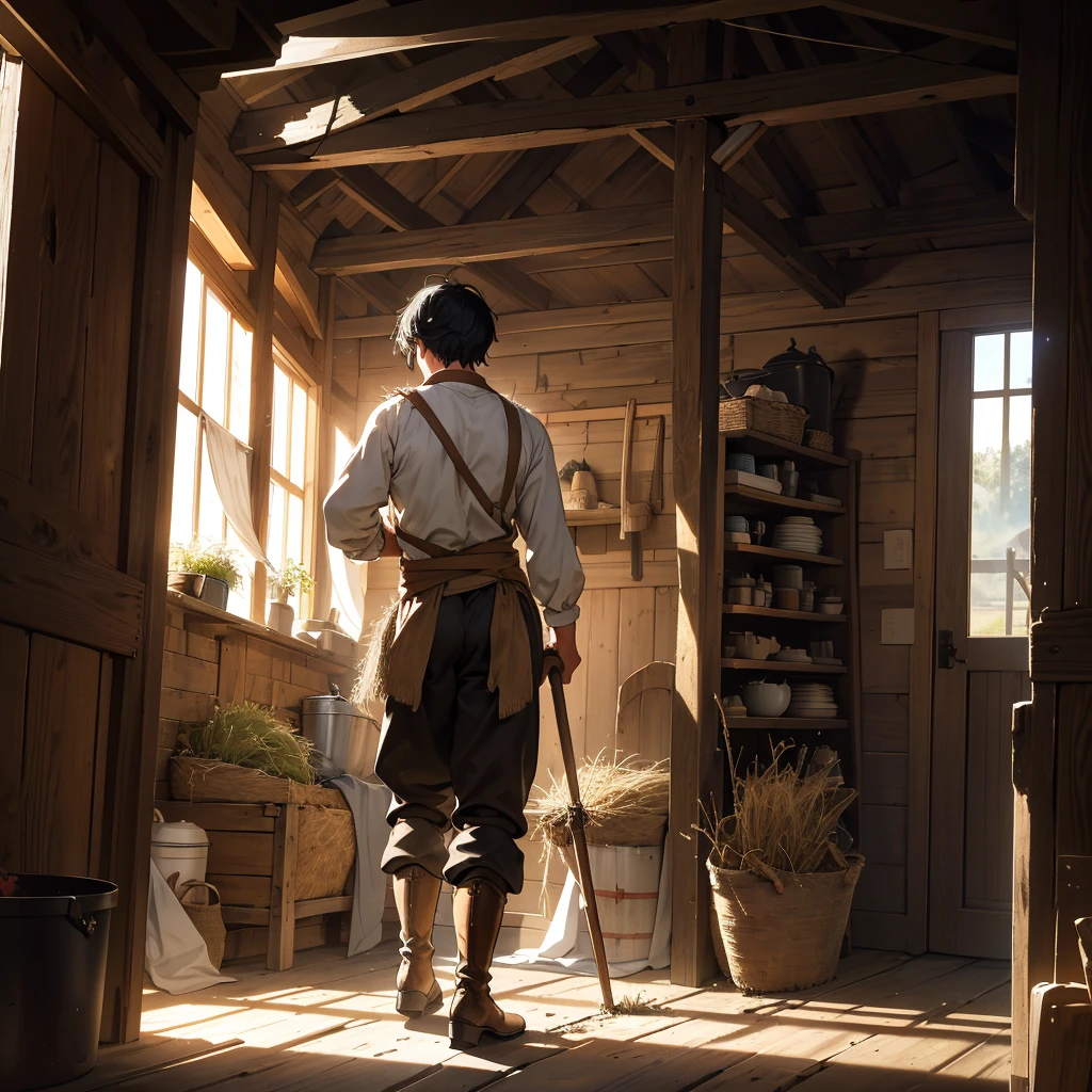 Imagine the back view of a black-haired boy dressed in a simple medieval farmer's outfit, diligently shoveling hay in a rustic barn. His loose tunic and trousers are dusted with bits of straw, and sturdy leather boots sink slightly into the earthen floor. Sunlight streams through the gaps in the wooden walls, casting warm beams that illuminate motes of dust and hay swirling in the air. The boy's movements are purposeful and steady, embodying the hard work and rhythm of medieval farm life. Capture the quiet determination and pastoral simplicity of this scene, where the everyday labor of a young farmhand reflects a timeless connection to the land."