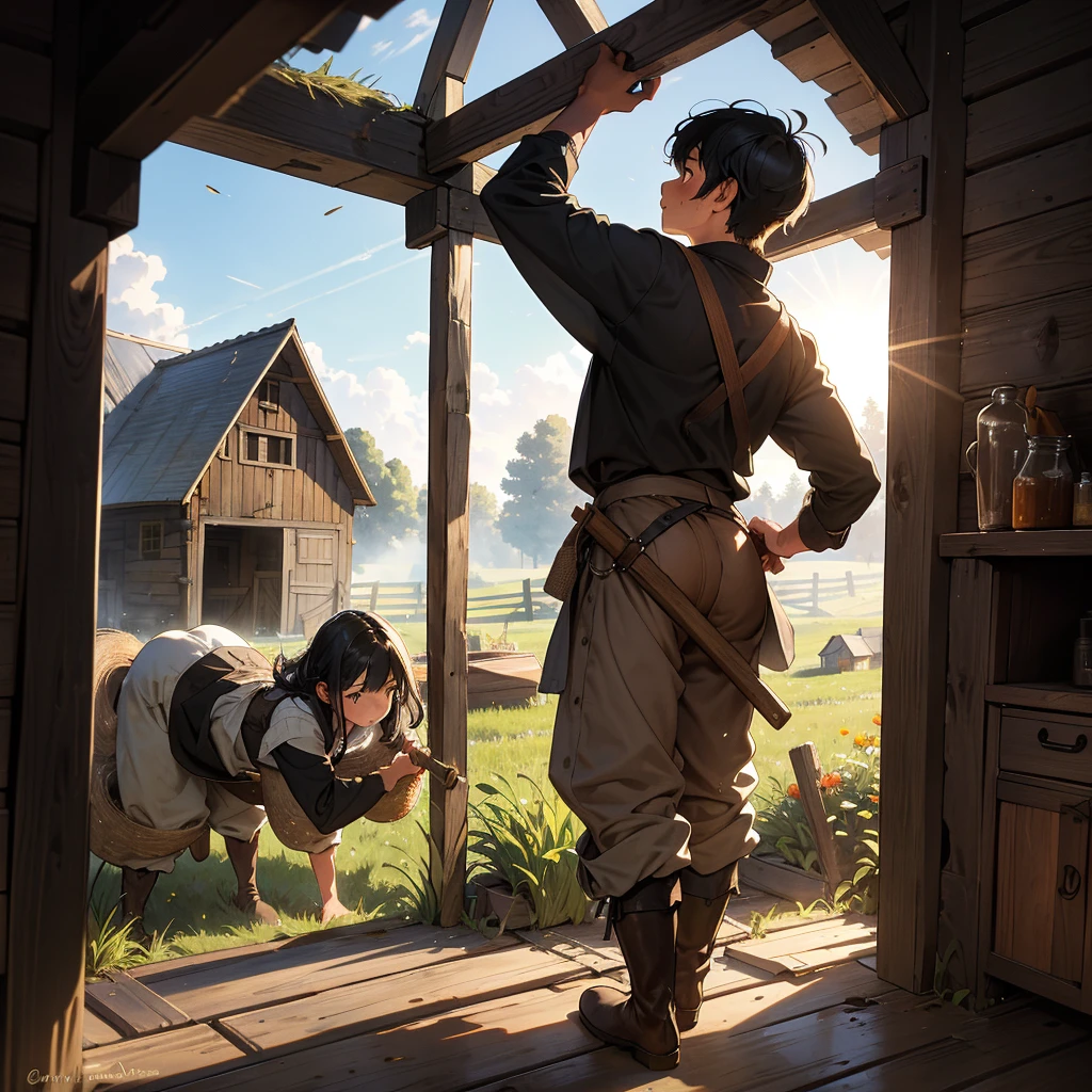 Imagine the back view of a black-haired boy dressed in a simple medieval farmer's outfit, diligently shoveling hay in a rustic barn. His loose tunic and trousers are dusted with bits of straw, and sturdy leather boots sink slightly into the earthen floor. Sunlight streams through the gaps in the wooden walls, casting warm beams that illuminate motes of dust and hay swirling in the air. The boy's movements are purposeful and steady, embodying the hard work and rhythm of medieval farm life. Capture the quiet determination and pastoral simplicity of this scene, where the everyday labor of a young farmhand reflects a timeless connection to the land."
