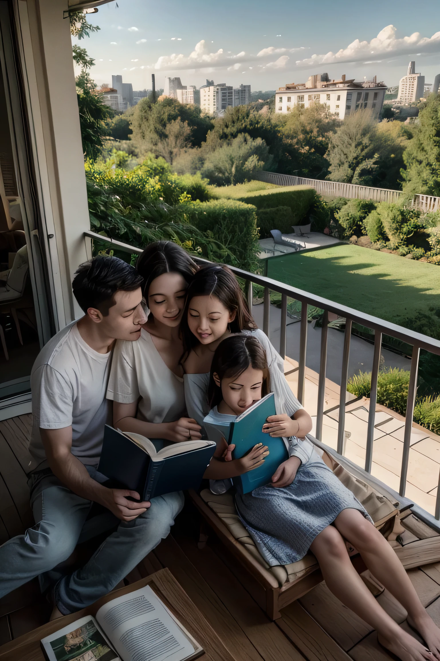 a family reading a book on the balcony of their house with a beautiful view of the garden in the background