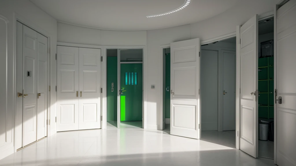 A smooth metal wall, painted white, with a large open door, with a safe lock, with a round lock like a hatch, the door must be white and on the right side of the image, inside the room a datacenter, with green lights, must be technological, in 64k