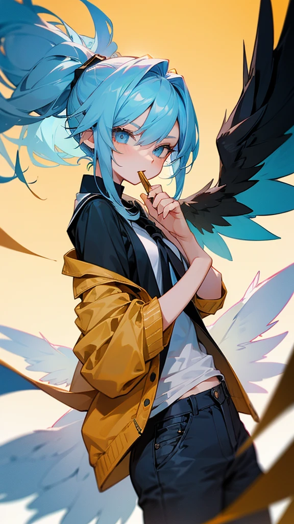 Girl with light blue hair up to men and honey colored eyes casual clothes and black wings dark manwha baku no hero academy style