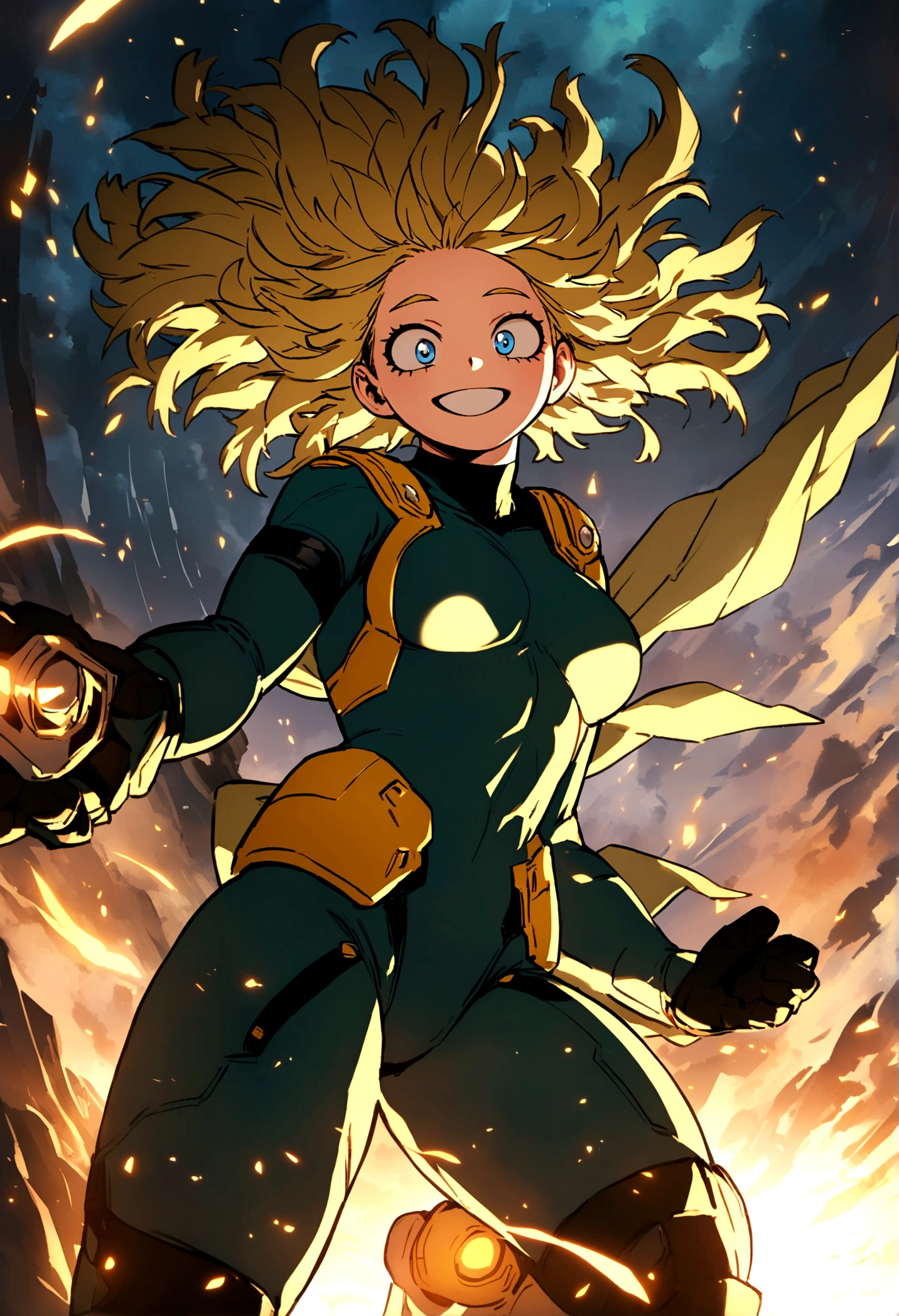 My hero academia, Girl with yellow long messy hair and blue eyes, a smile on her face with a full figure