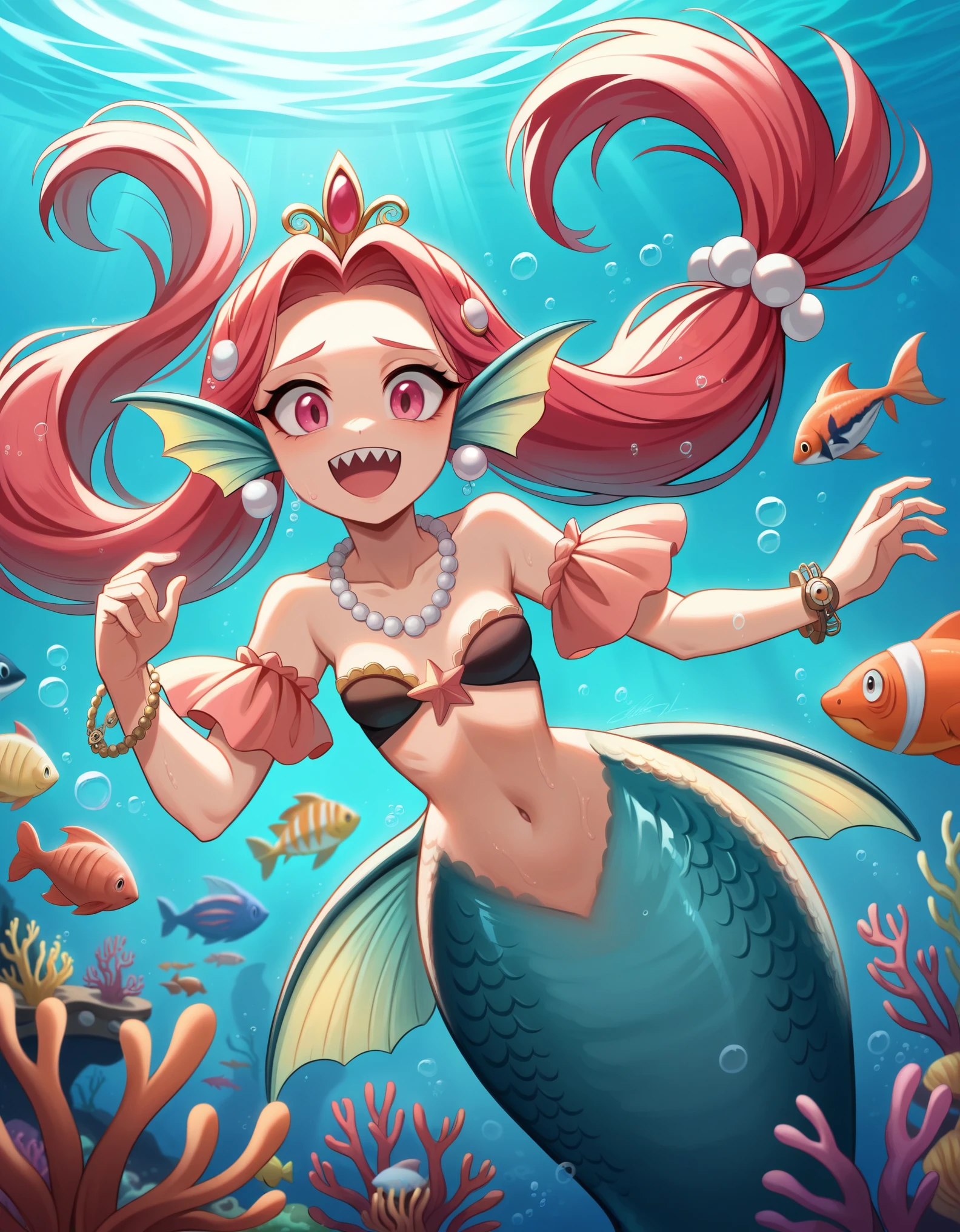 (best quality,4k,8k,highres,masterpiece:1.2),ultra-detailed, Pretty 15 years old princess magically transformed into a beautiful mermaid, race swap, fantastic transformation, steampunk, long and detailed mermaid tail below waistline, fins ears, shimmering red fish scales, drawn in anime style, very long pigtails red hair, sharp teeth, is smiling, pink eyes, small breast, long pelvic and dorsal fins, pair of fish gills on the torso, seashells bra, starfish hair clips, pearl earrings and bracelets, pearl necklace, hair ribbons, gold tiara, lying on a sandy beach, new beautiful body,she’s smiling,embracing her new life has a mermaid, brushing her hair with an hairbrush, ocean waves,sparkling water,coconut trees,seagulls,coral reef,vibrant colors,magical glow,shimmering scales,sea breeze,warm sunlight,joyful expression,island paradise,lush tropical plants,dynamic composition,soft and smooth lines,expressive facial features,gentle water reflections,serene atmosphere, Highly detailed, masterpiece, high quality, 4K.