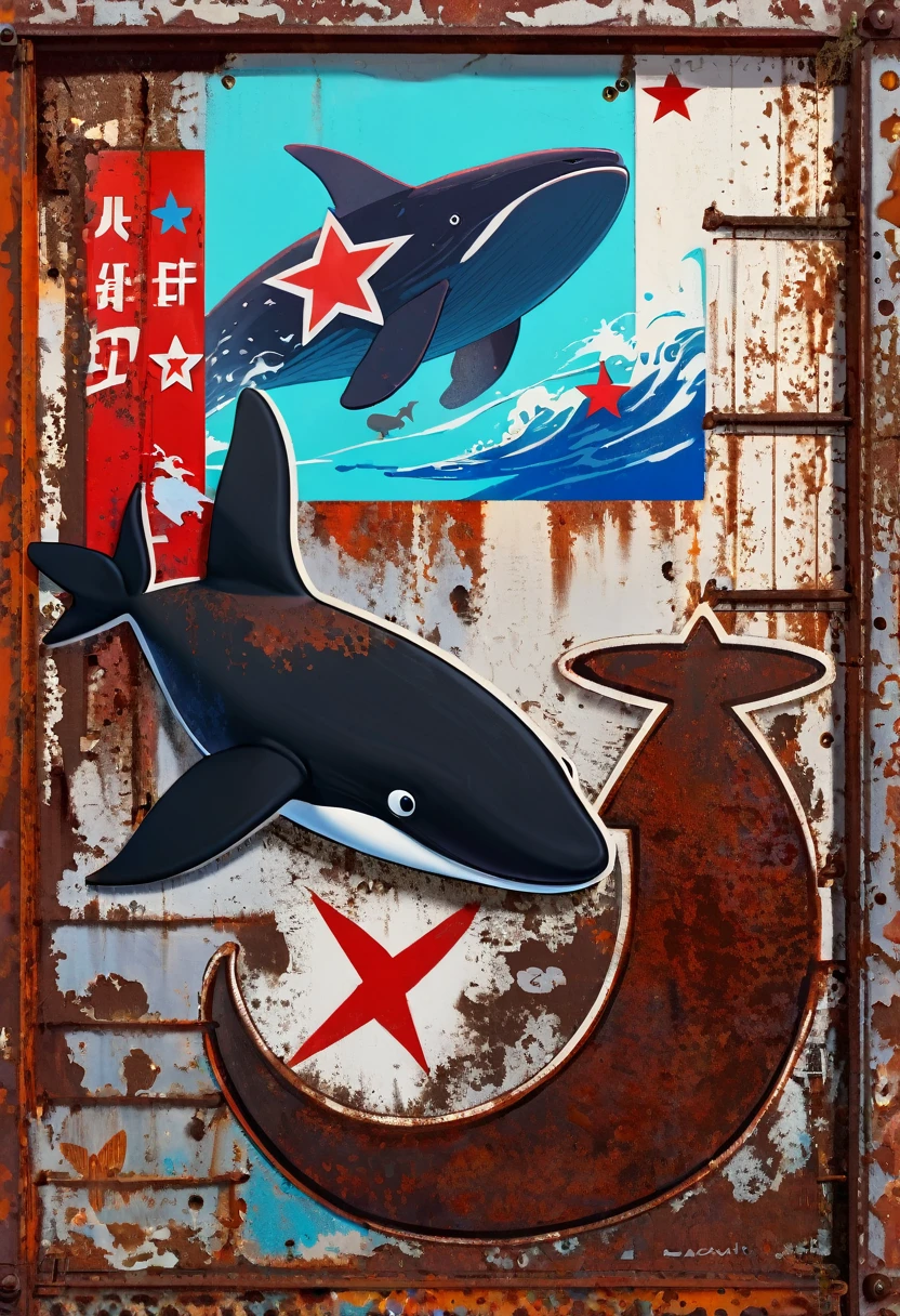 simple decorative rusty metal sign with a drawing of an 1killer whale and a 1communist star, artwork inspired by Dave McKean, vivid colors, intricate details, oil painting.