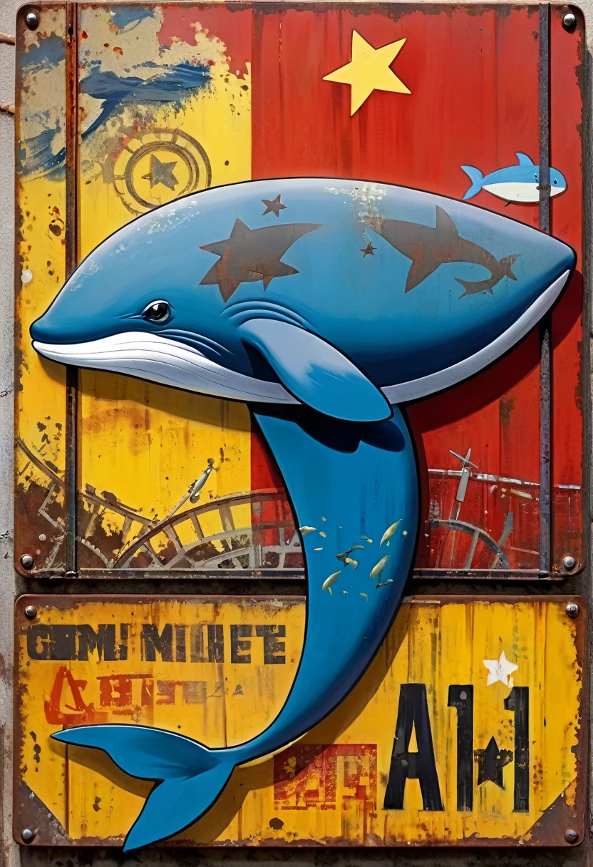 simple decorative rusty metal sign with a drawing of an 1killer whale and a 1communist star, artwork inspired by Dave McKean, vivid colors, intricate details, oil painting.
