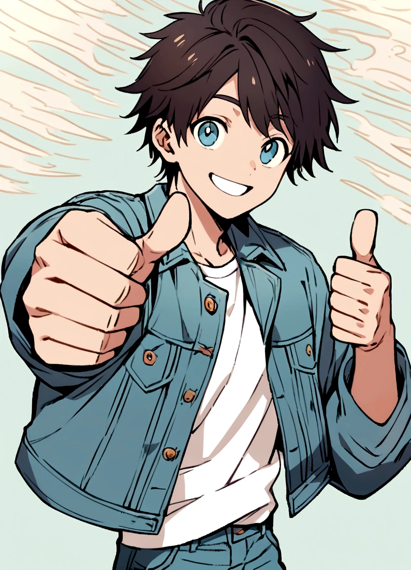 Create an anime-style illustration of a boy with short, slightly messy dark hair. He should be wearing an oversized blue denim jacket. The boy's expression should be one of happiness, with a big smile and his hands giving a thumbs-up. The background should be a plain, light grayish-blue color to keep the focus on the character. Ensure the drawing has a clean, detailed, and slightly pastel color palette to match the aesthetic of modern anime illustrations.
