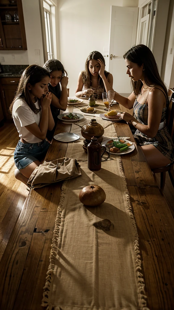 family gathered around a table, everyone with their heads down and eyes closed, with empty dishes on the table, everyone sad, in agony, desperate for the table to be empty